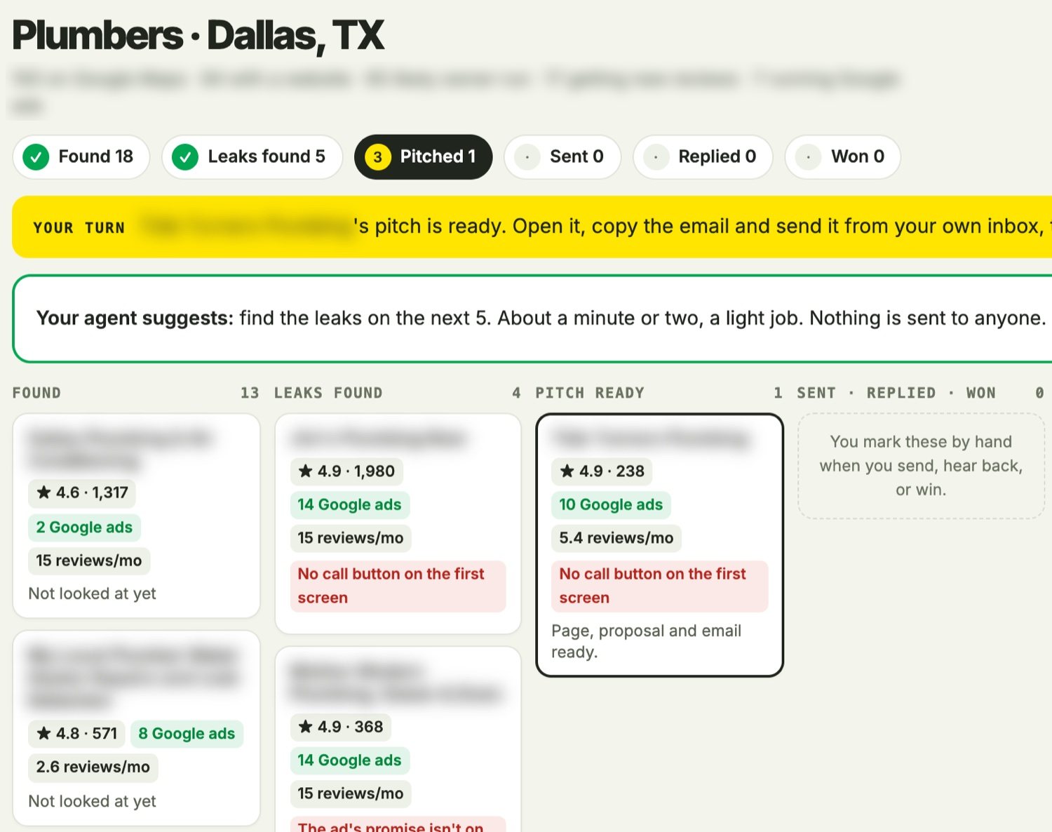The Clients board for plumbers in Dallas: prospects by status, with their rating, Google ads, reviews a month and worst leak