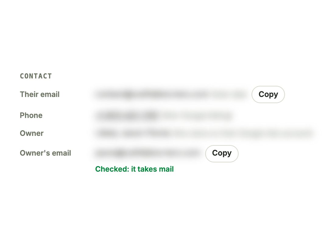 A prospect's contact details, blurred: their email, phone, the likely owner and the owner's work email, checked
