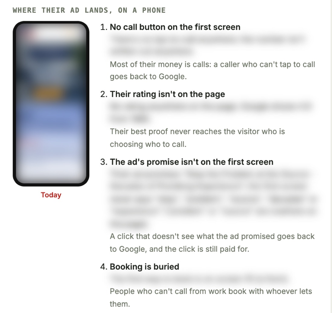 A prospect's card open: their phone page and four leaks, worst first