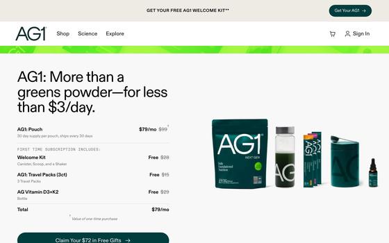 AG1's offer page: the headline with a per-day price, and the first subscription listed like a receipt