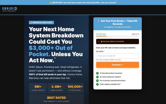 Choice Home Warranty's page: what one breakdown could cost, beside a zip code form