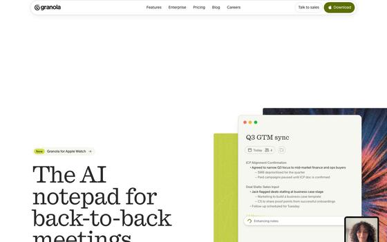 Granola's home page: The AI notepad for back-to-back meetings, beside a live note