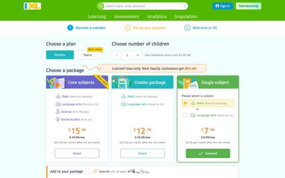IXL's family membership checkout: the plan and package cards with Math already selected