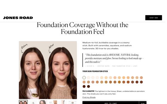 Jones Road's foundation stick page: Foundation Coverage Without the Foundation Feel, with a before and after of one face
