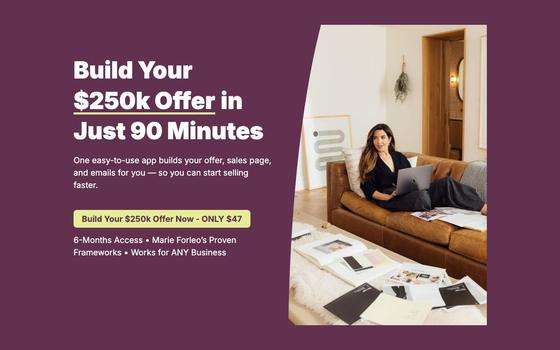 Marie Forleo's offer page: the deliverable, a 90-minute time box and the price inside the button