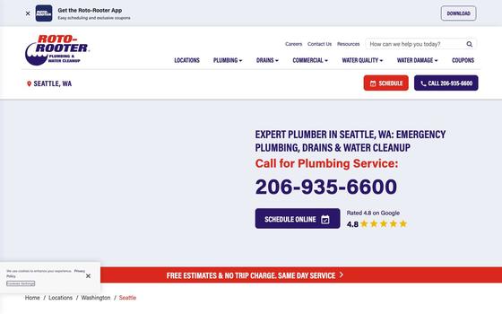 Roto-Rooter's Seattle page: the local phone number in large type and a Schedule Online button