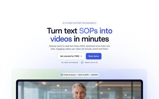 Synthesia's SOP page: Turn text SOPs into videos in minutes, over a sample video