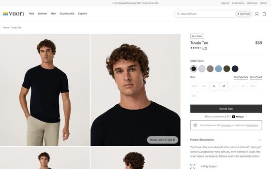 Vuori's Tuvalu Tee page: two photos of the black tee beside the buy box