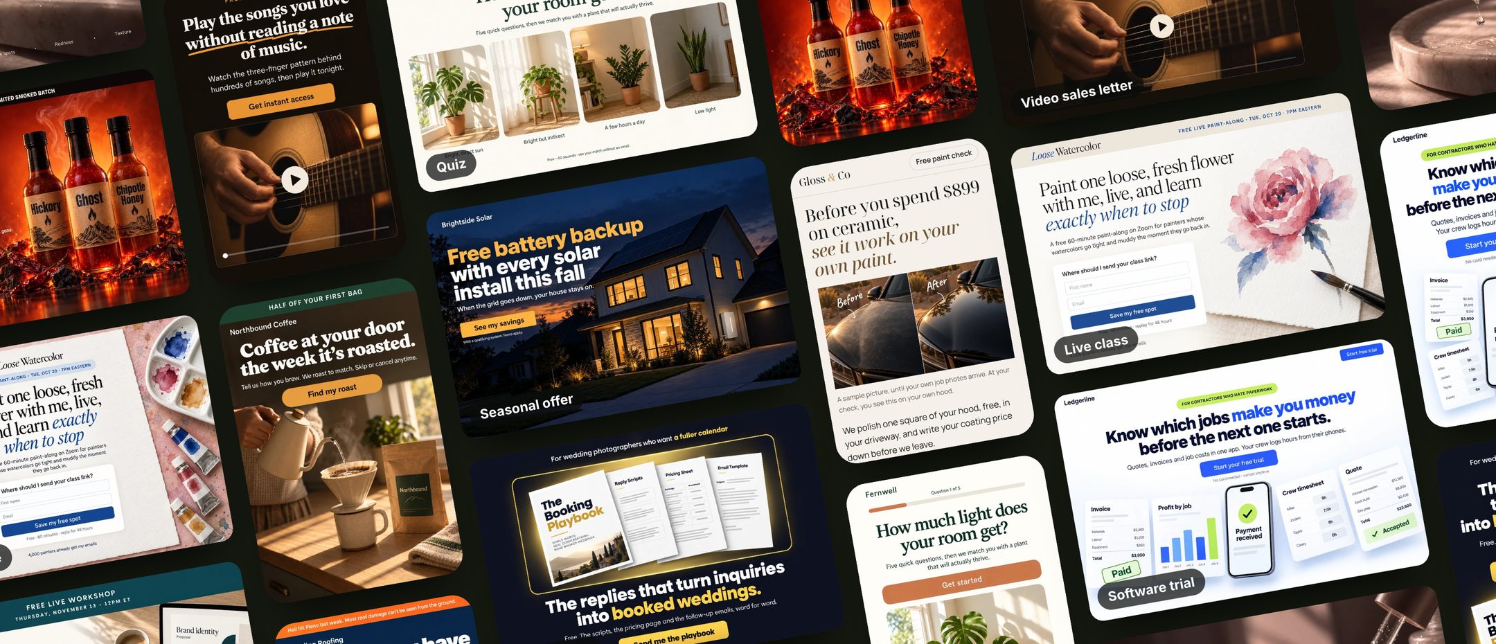 A wall of first-page designs: a coffee subscription, a solar installer's fall offer, a roofer's hail check, a houseplant quiz, a free guide for wedding photographers, a software trial, a live webinar, a guitar course video, a med spa and a hot sauce launch