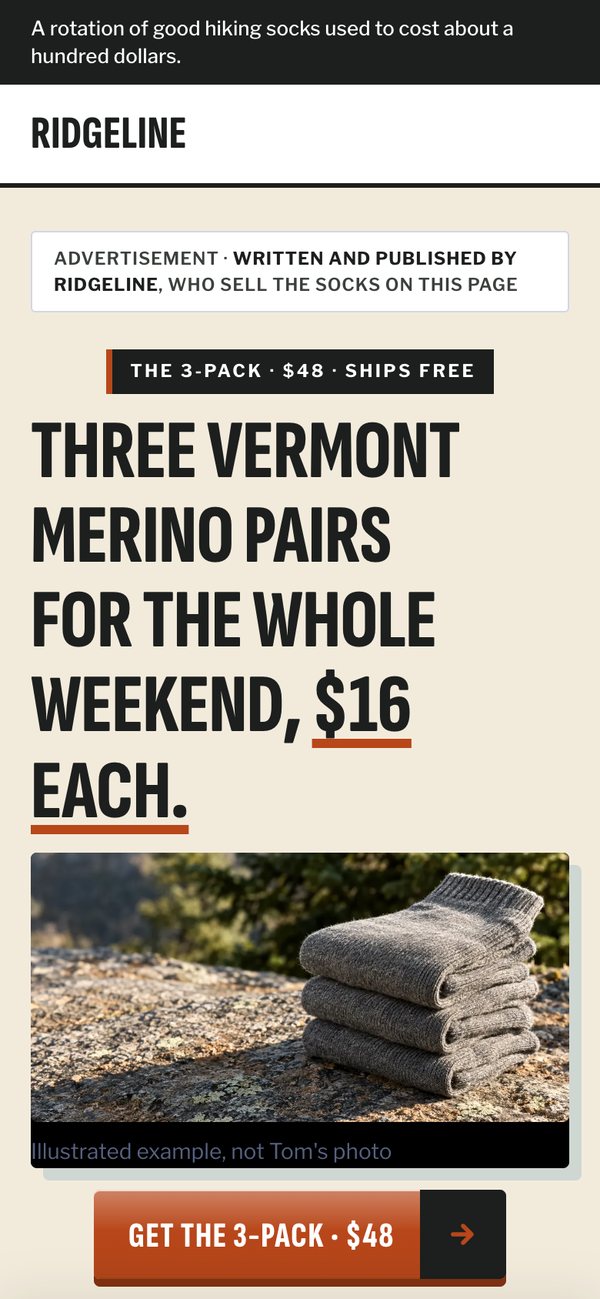 Ridgeline's advertorial on a phone: Three Vermont merino pairs for the whole weekend, $16 each