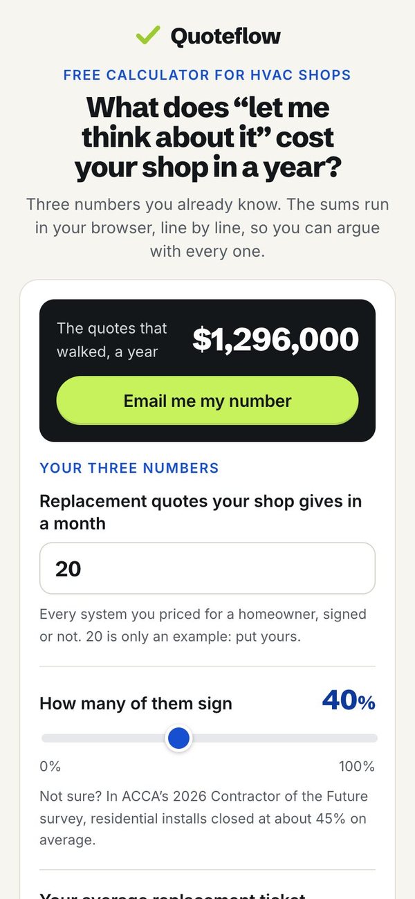 Quoteflow's calculator on a phone: What does let me think about it cost your shop in a year? $1,296,000