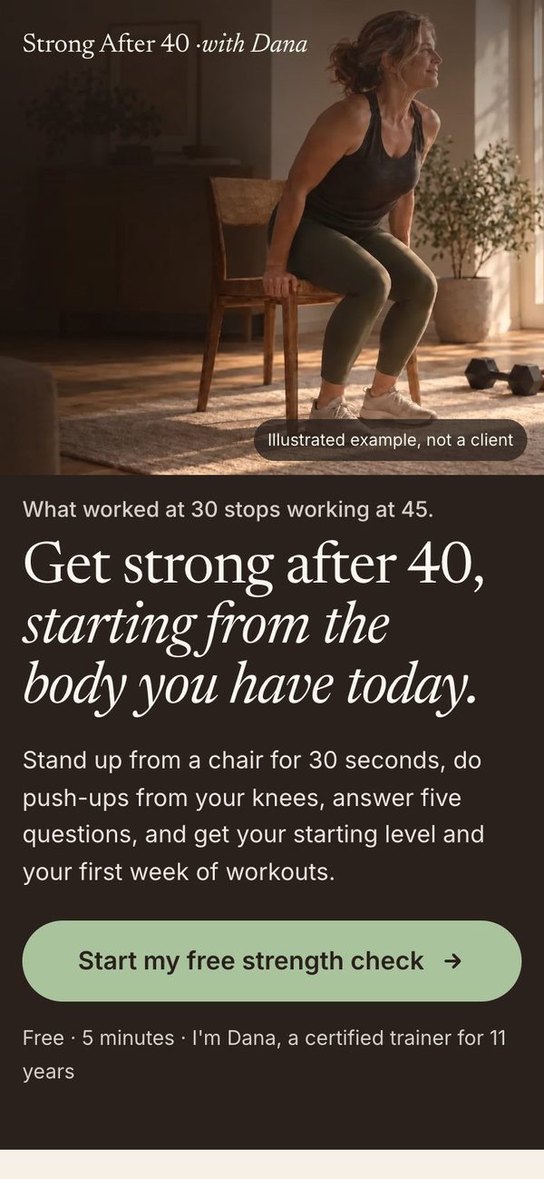 Strong After 40's page on a phone, a dark photo of a woman lifting at home: Get strong after 40, starting from the body you have today