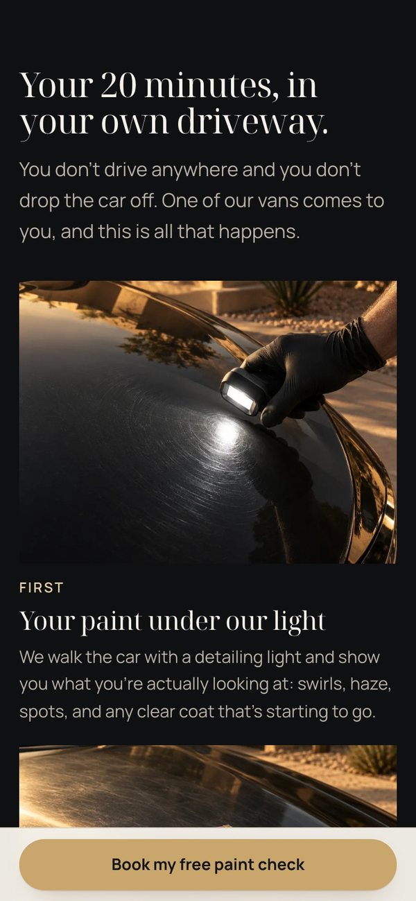 Gloss & Co's page on a phone: Your 20 minutes, in your own driveway, a detailing light on a black hood