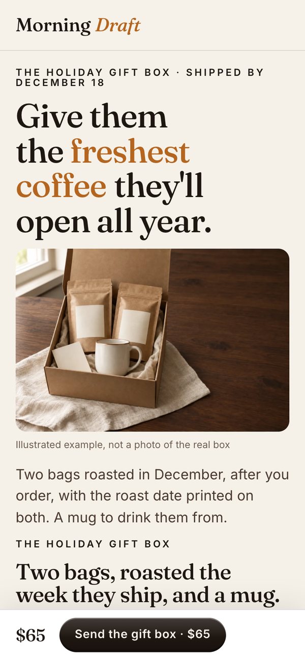 Morning Draft's gift page on a phone: Give them the freshest coffee they'll open all year