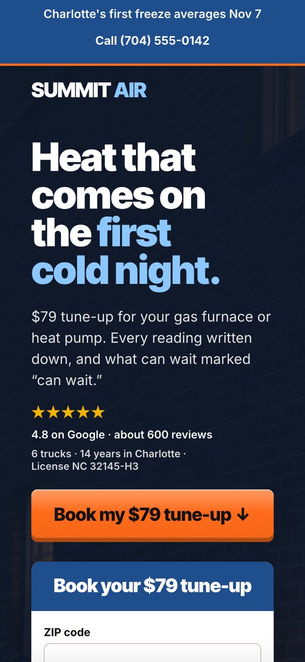 Summit Air's tune-up page on a phone: Heat that comes on the first cold night, Book my $79 tune-up