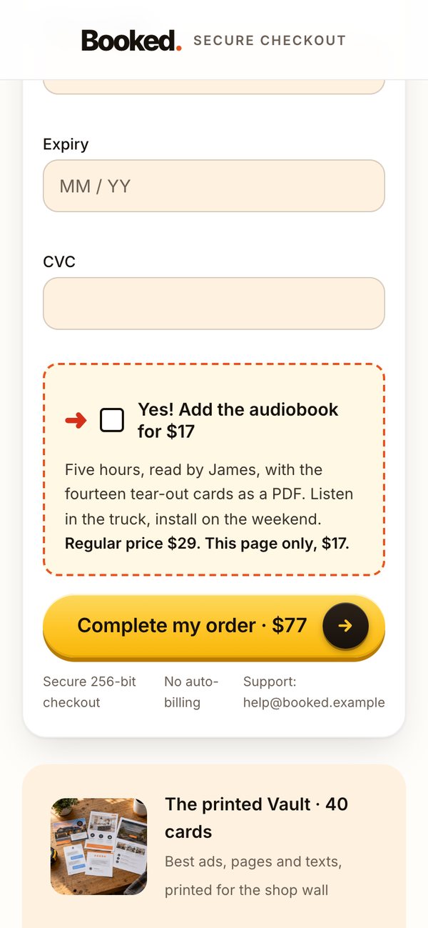 An order form on a phone with a checkbox: Yes! Add the audiobook for $17, above Complete my order, $77