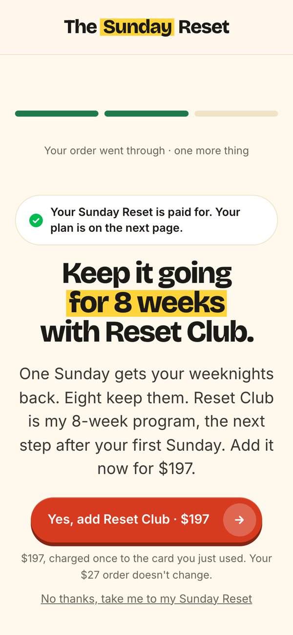 The one-click offer on a phone: Keep it going for 8 weeks with Reset Club, Yes, add Reset Club for $197
