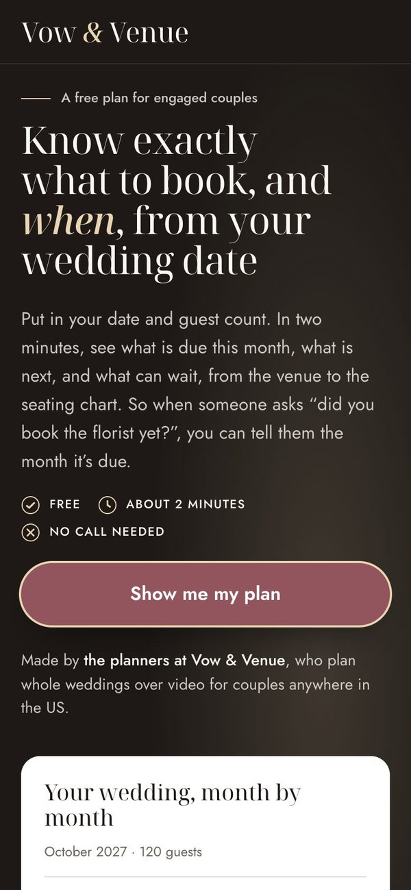 Vow & Venue's page on a phone, dark plum: Know exactly what to book, and when, from your wedding date