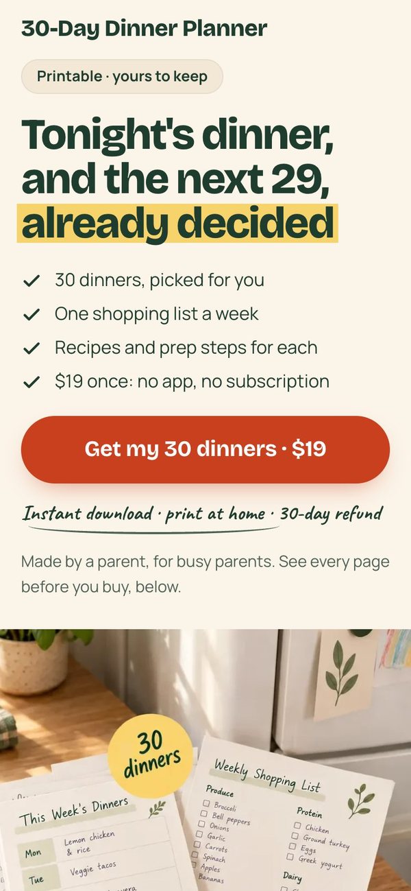 The 30-Day Dinner Planner on a phone: Tonight's dinner, and the next 29, already decided. Get my 30 dinners, $19