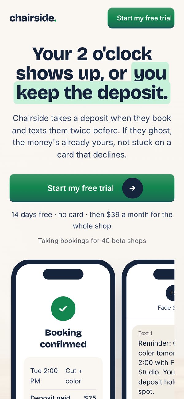 Chairside's page on a phone: Your 2 o'clock shows up, or you keep the deposit. Start my free trial