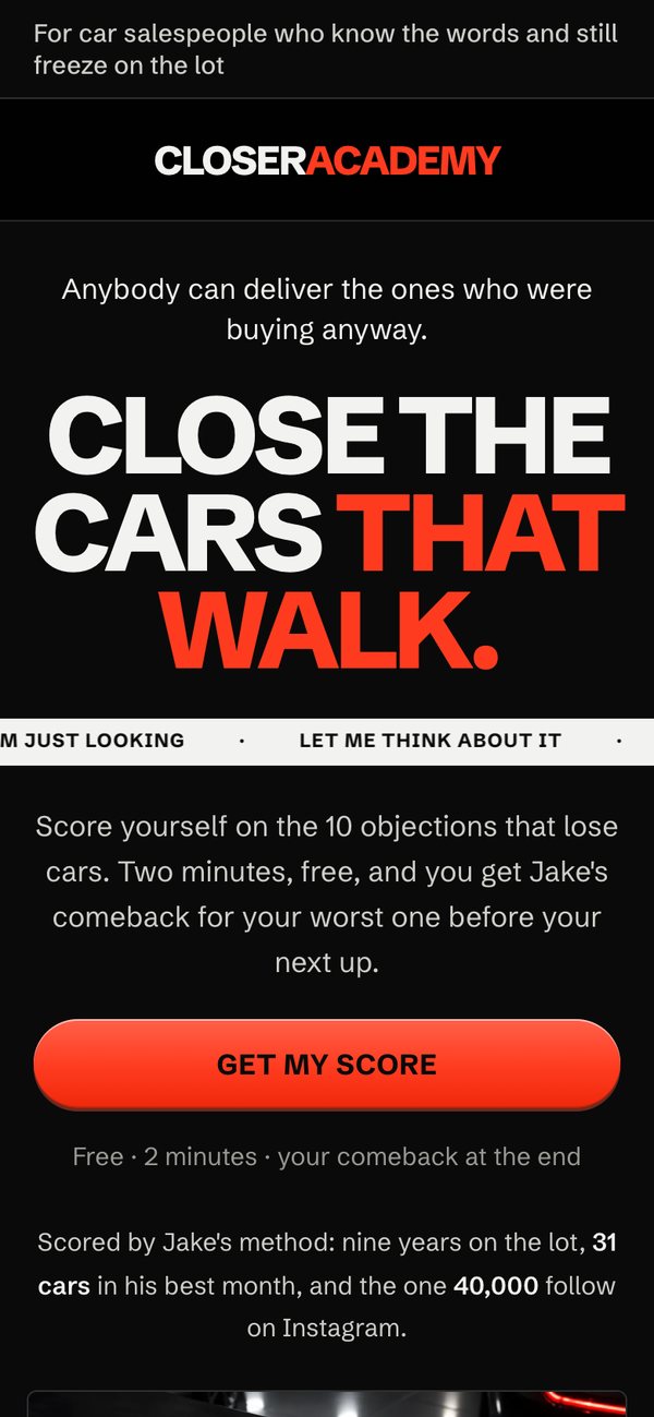 Closer Academy's lead page on a phone: Close the cars that walk, in black and brake-light orange