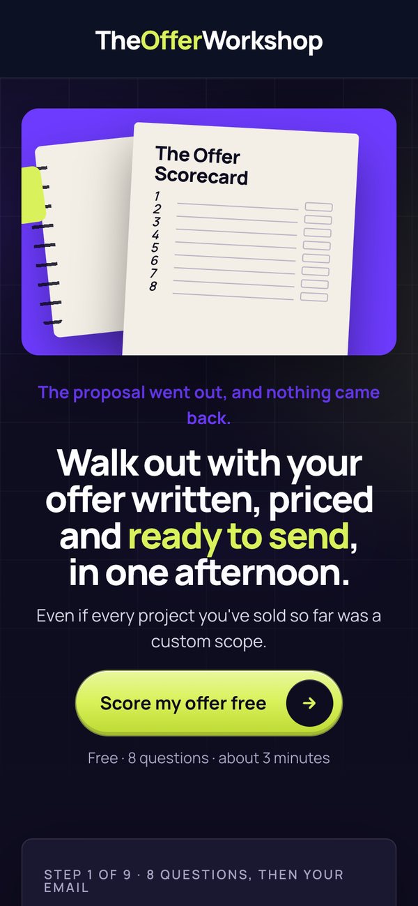 The Offer Workshop's scorecard page on a phone, on a violet panel