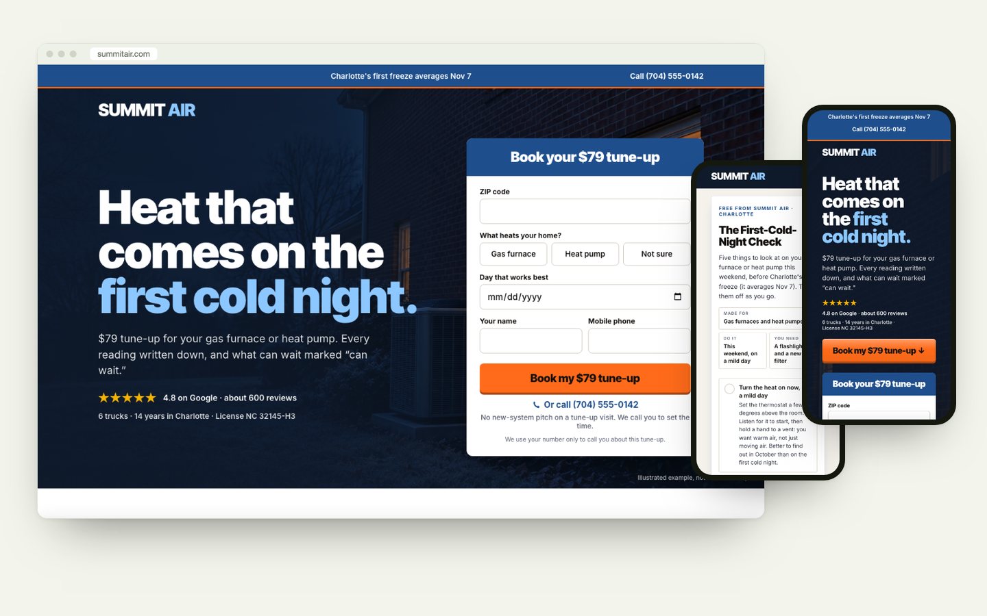 Summit Air's tune-up page on a computer, with its free check and tune-up page on phones
