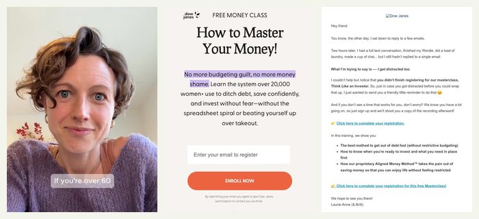 Dow Janes' free money class: the ad, a page and an email
