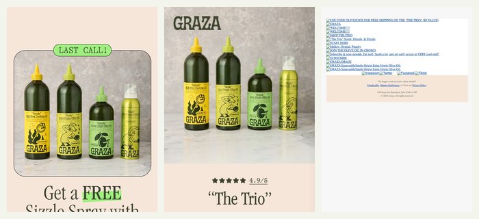 Graza's trio offer: the ad, a page and an email
