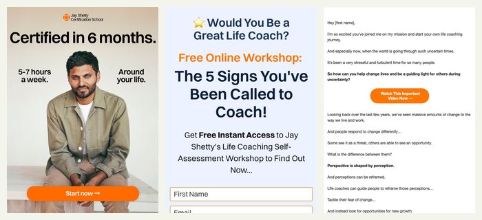 Jay Shetty's coaching workshop: the ad, a page and an email