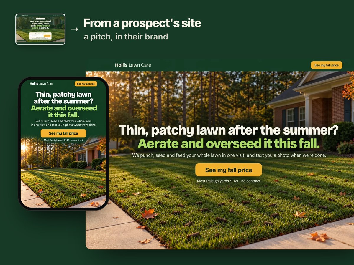Hollis Lawn Care's fall aeration page on a computer and a phone, in the lawn company's own pine green and marigold, drafted from its site