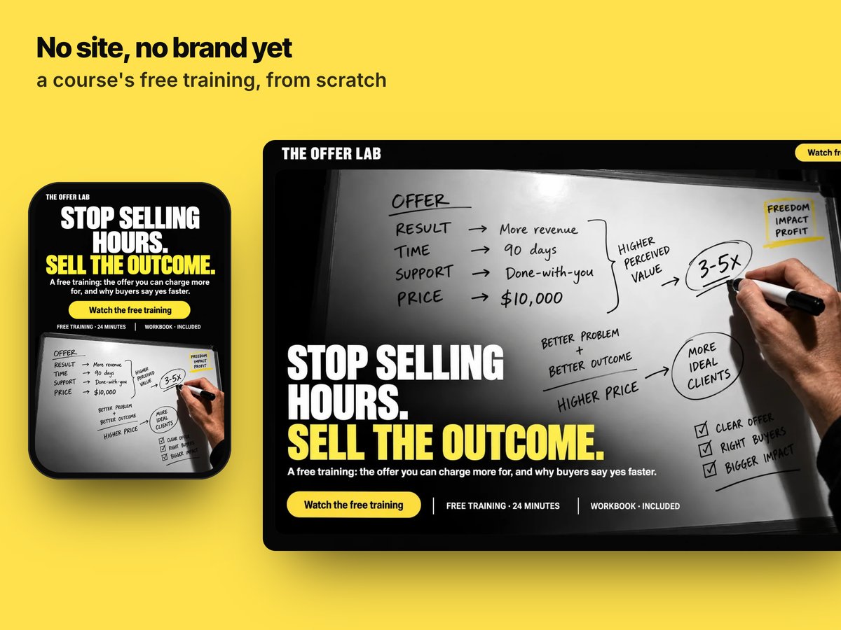 The Offer Lab's free-training page on a computer and a phone, heavy white and yellow type on black over a whiteboard of offer math