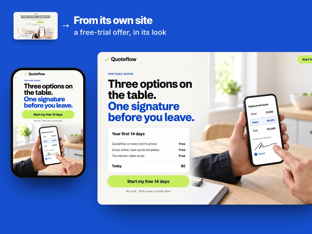 Quoteflow's free-trial page for HVAC shops on a computer and a phone, in its own warm white, lime and blue, drafted from its site