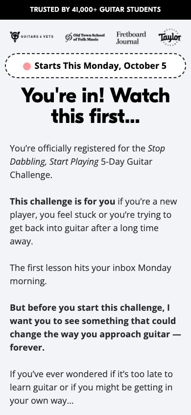 The page after the button: You're in! Watch this first, under a start-day pill